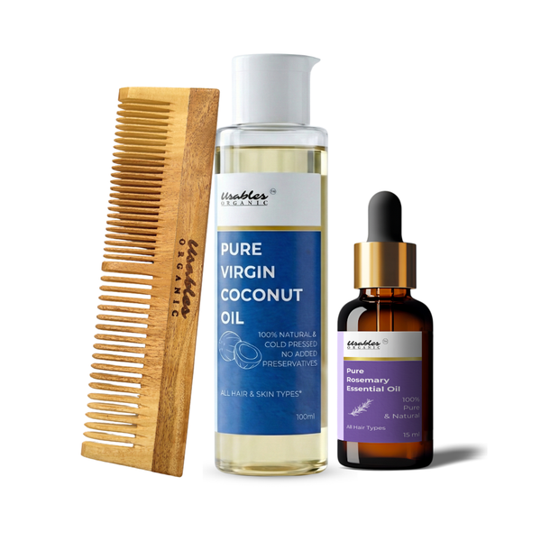 Ultimate Hair Care Kit: Rosemary Essential Oil 15 ml, Coconut Oil 200 ml & Neem Wood Dual Teeth Comb