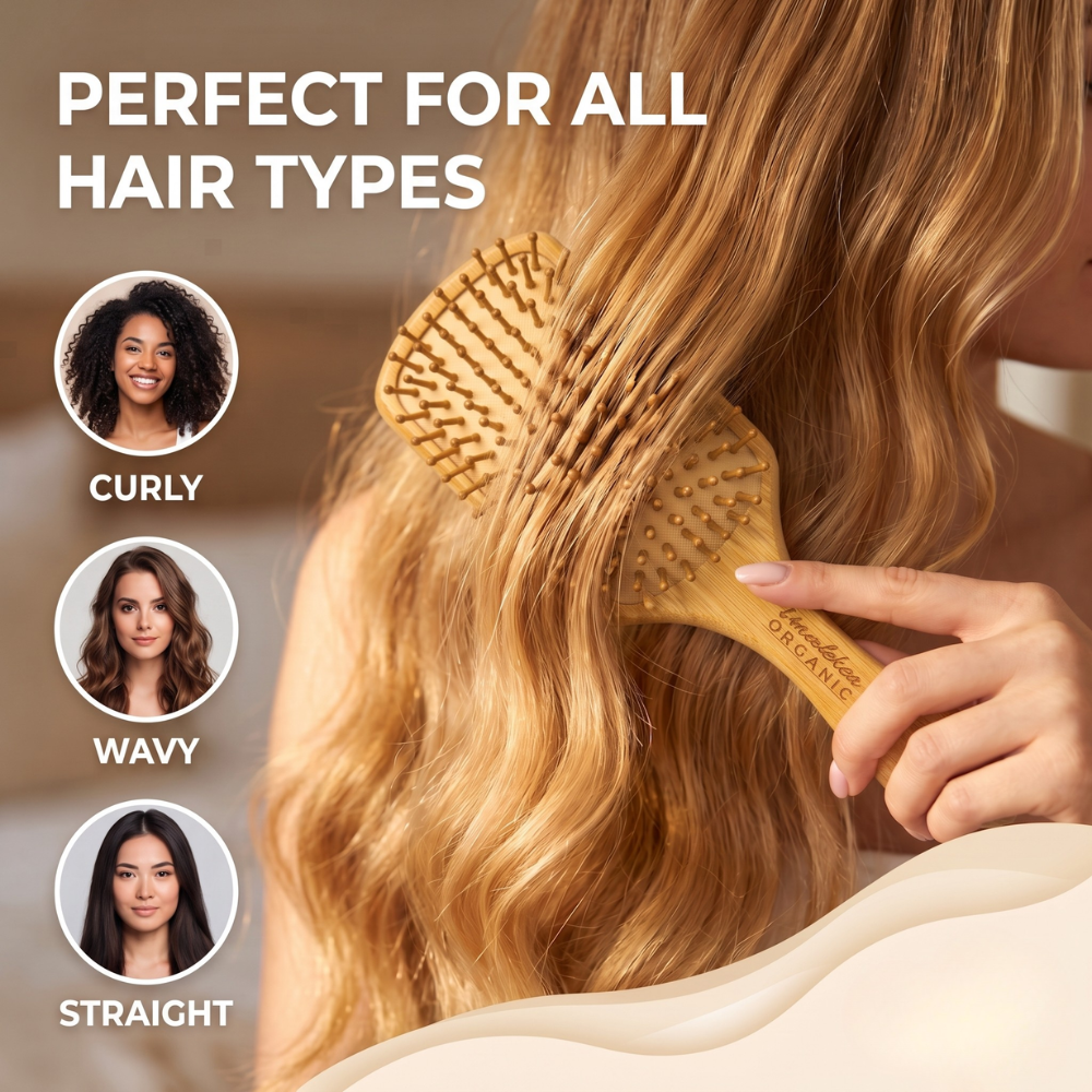 Bamboo Hair Brush Rectangular Shape With Rounded Bamboo Bristles