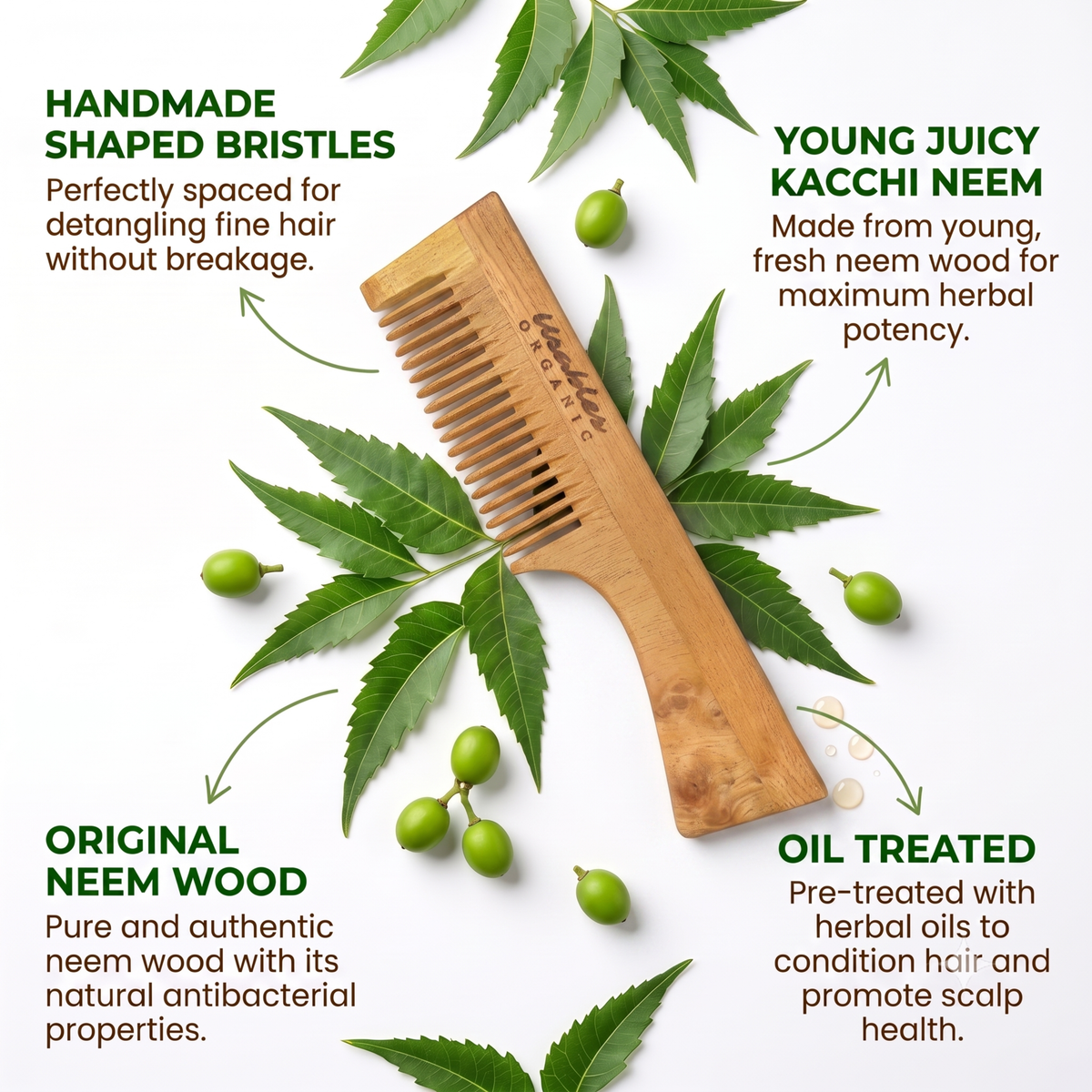 Kachhi Neem Wood Comb with Handle