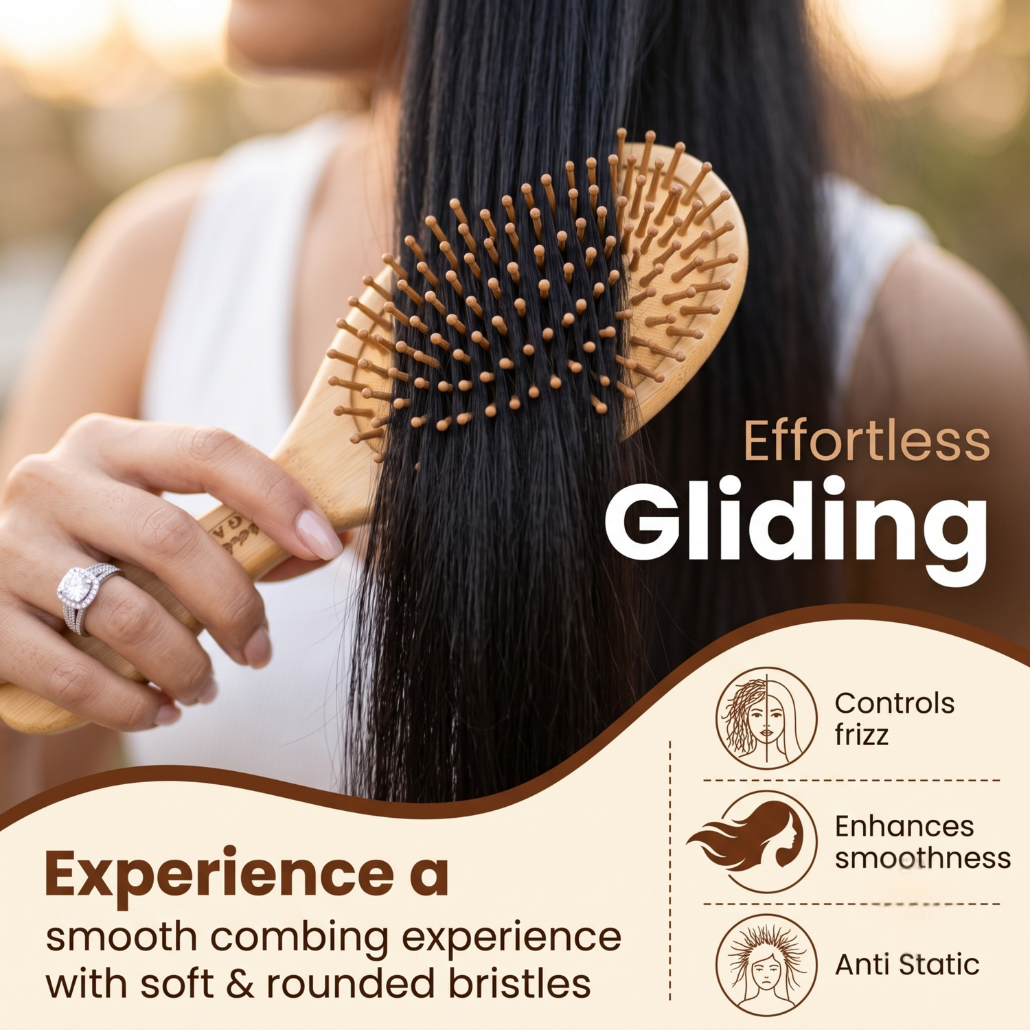 Bamboo Hair Brush Oval Shape With Rounded Bamboo Bristles