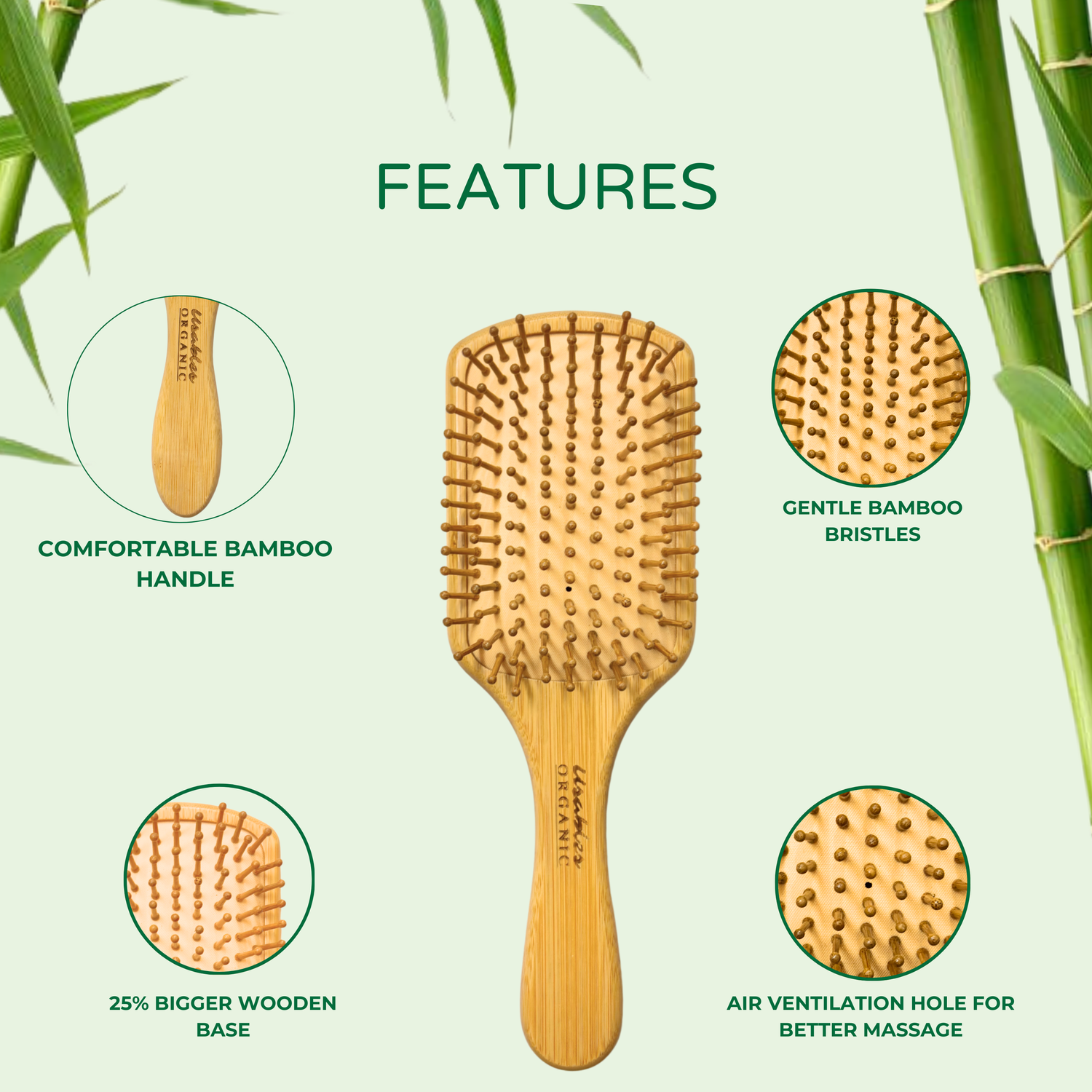 Bamboo Hair Brush Rectangular Shape With Rounded Bamboo Bristles