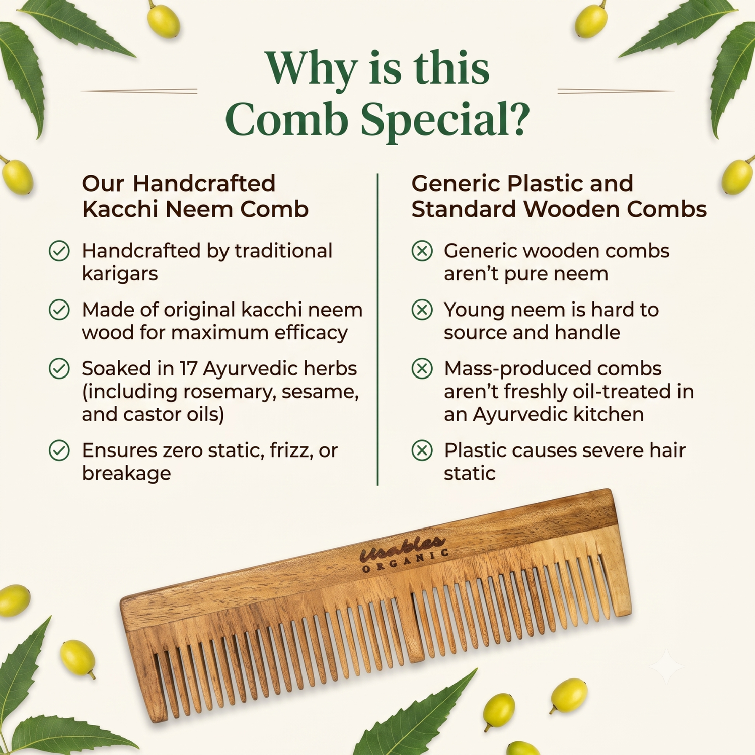 Kachhi Neem Wood Comb Dual Teeth