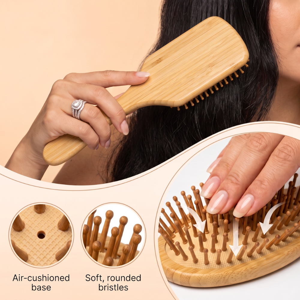 Sustainable Styling Duo: Oval & Rectangular Bamboo Hair Brush Set