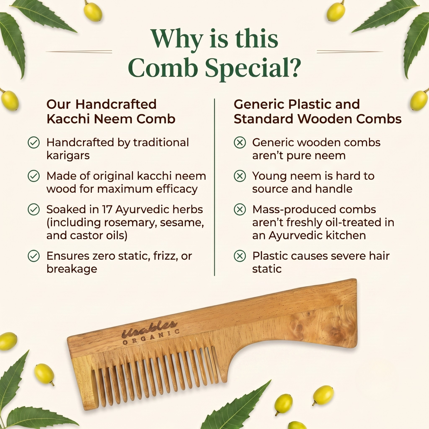 Kachhi Neem Wood Comb with Handle
