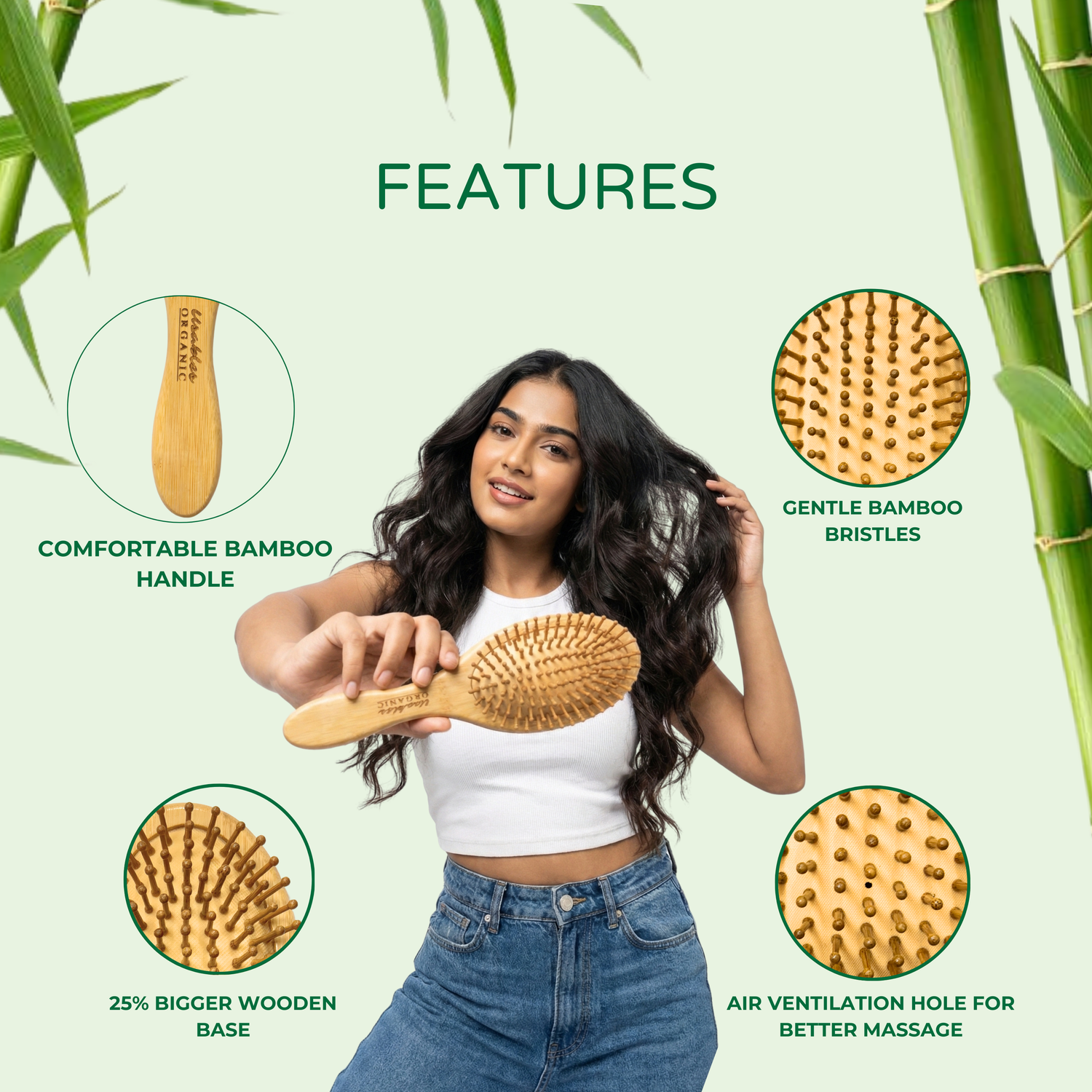 Bamboo Hair Brush Oval Shape With Rounded Bamboo Bristles
