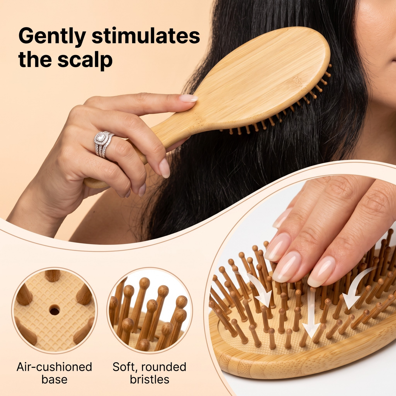 Bamboo Hair Brush Oval Shape With Rounded Bamboo Bristles
