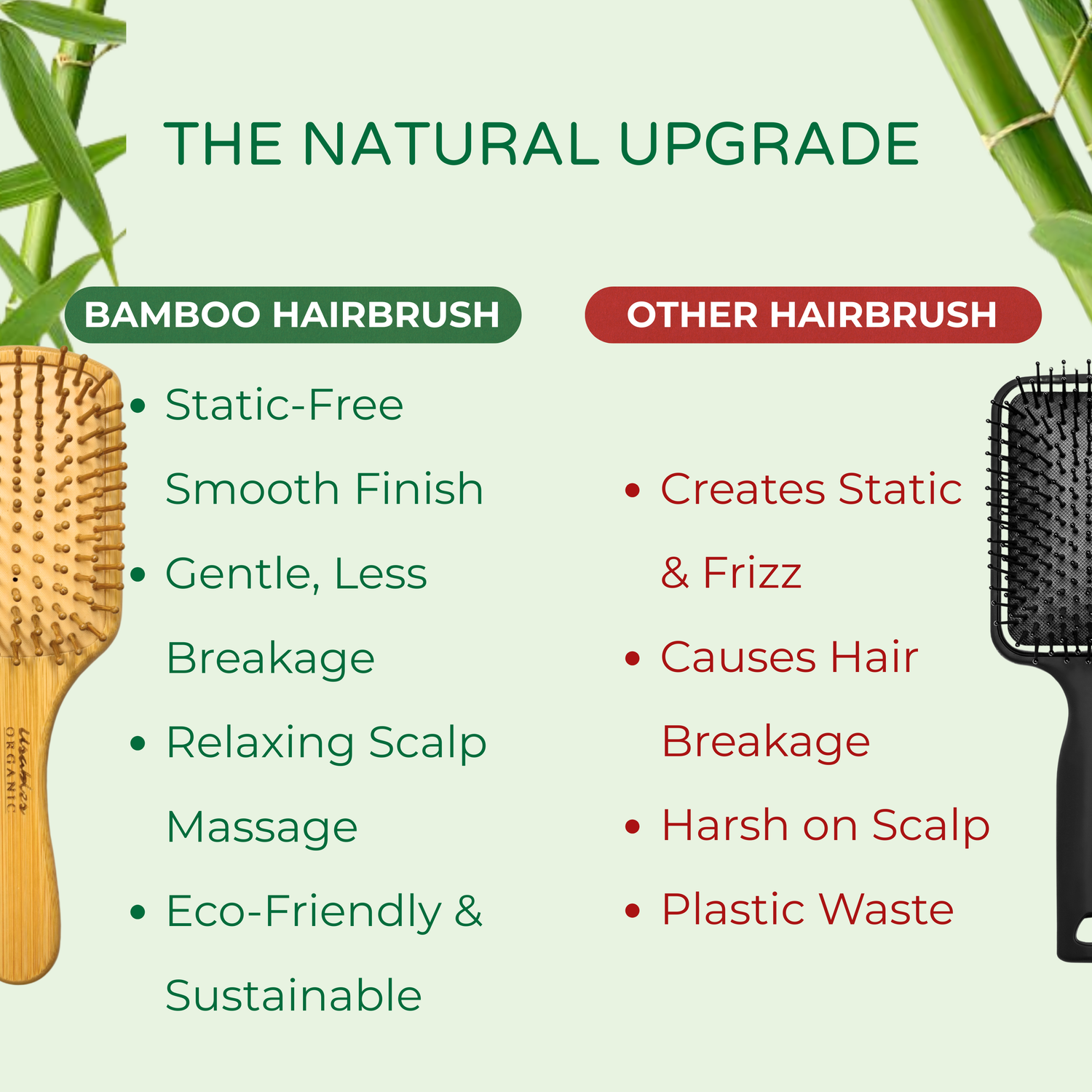 Bamboo Hair Brush Rectangular Shape With Rounded Bamboo Bristles