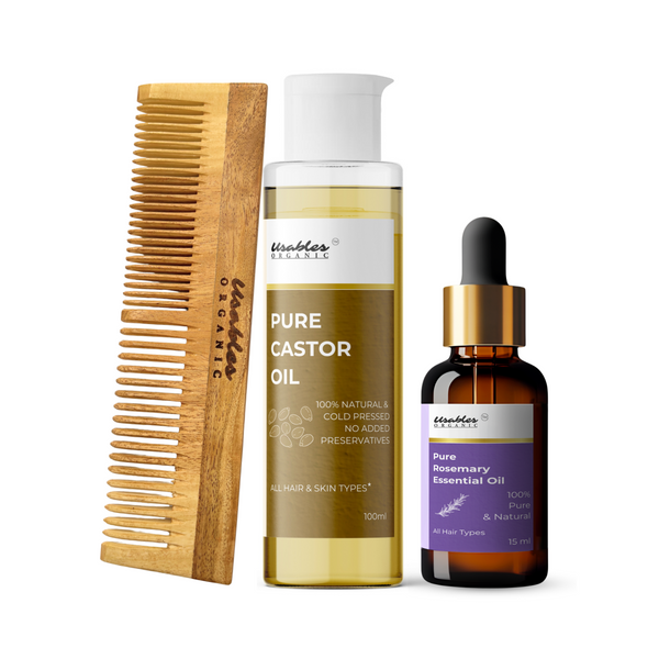 Intensive Hair Fortifying Kit: Rosemary Oil, Castor Oil & Neem Wood Comb