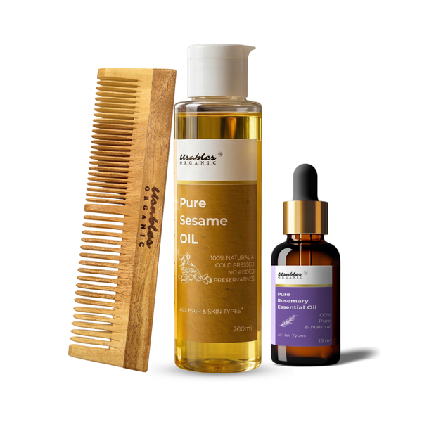 Nourishing Hair & Scalp Set: Rosemary Essential Oil 15 ml, Sesame Oil 200 ml & Neem Wood Comb