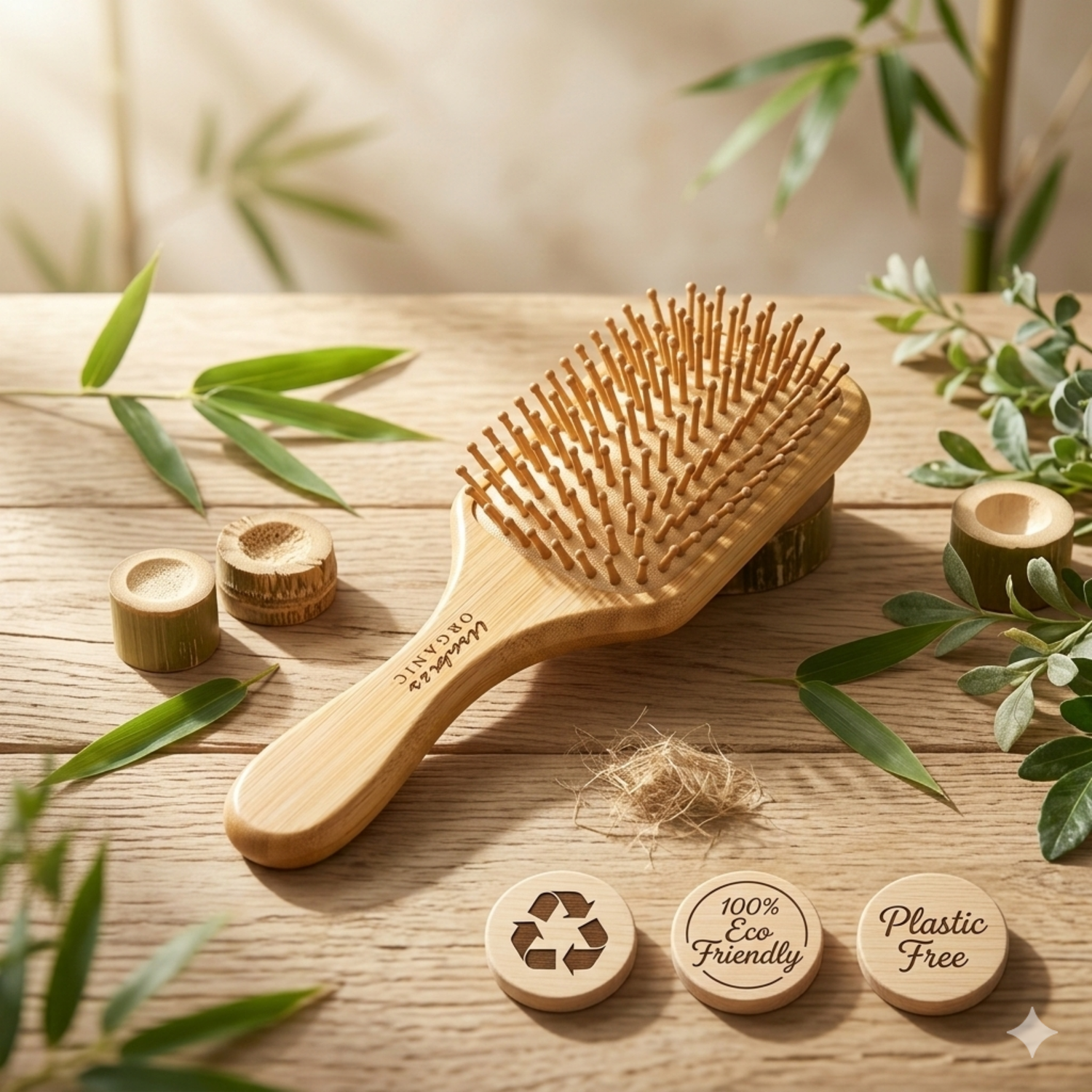Bamboo Hair Brush Rectangular Shape With Rounded Bamboo Bristles