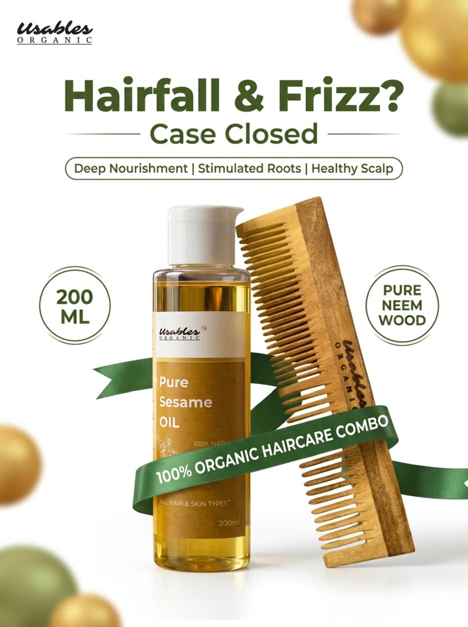 Cold-Pressed Wood-Pressed Sesame Oil 200 ml & Dual-Teeth Neem Comb – Healthy Hair Care Duo