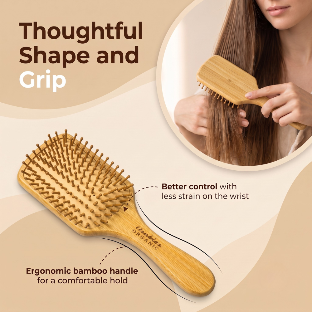 Bamboo Hair Brush Rectangular Shape With Rounded Bamboo Bristles