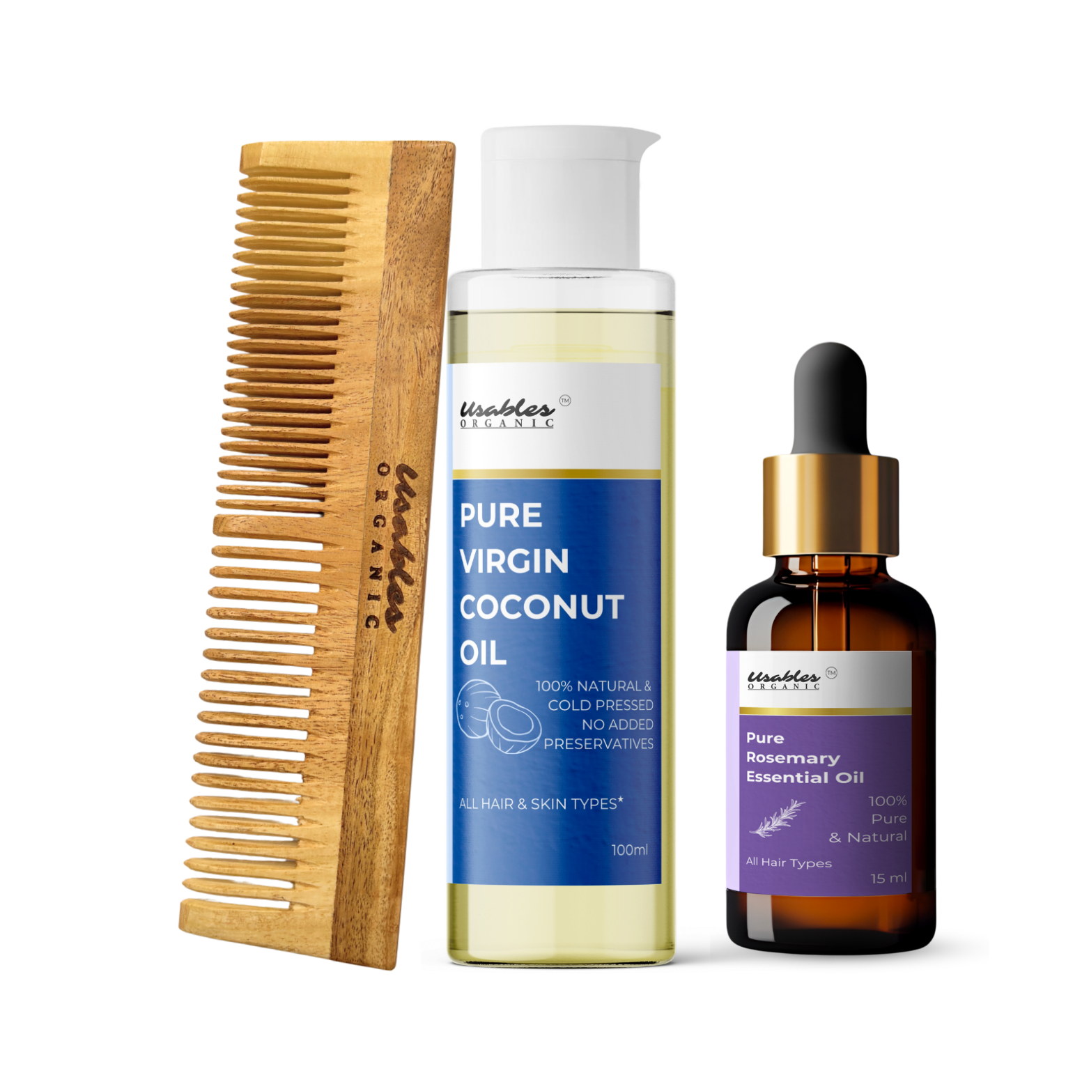 Ultimate Hair Care Kit: Rosemary Oil, Coconut Oil & Neem Wood Dual Teeth Comb